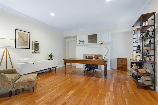 81 Hanover Rd, Carlisle, MA 01741 - office featuring ornamental molding, recessed lighting, light wood-style floors, and baseboards