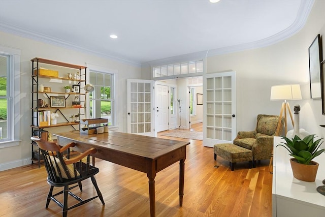 81 Hanover Rd, Carlisle, MA 01741 - home office with french doors, ornamental molding, light wood-style floors, baseboards, and recessed lighting