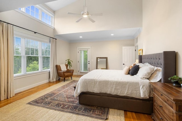 81 Hanover Rd, Carlisle, MA 01741 - bedroom with high vaulted ceiling, wood finished floors, ornamental molding, baseboards, and recessed lighting