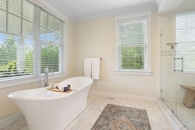 81 Hanover Rd, Carlisle, MA 01741 - bathroom featuring a stall shower, a freestanding tub, ornamental molding, baseboards, and marble finish flooring