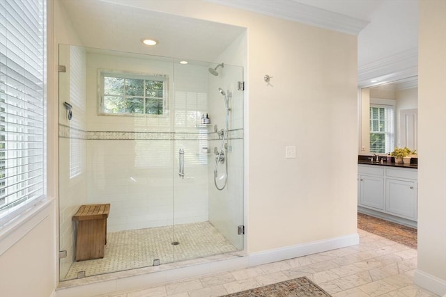 81 Hanover Rd, Carlisle, MA 01741 - bathroom with baseboards, a shower stall, vanity, crown molding, and recessed lighting
