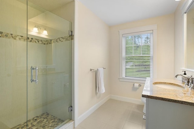 81 Hanover Rd, Carlisle, MA 01741 - bathroom featuring vanity, a shower stall, baseboards, toilet, and tile patterned floors