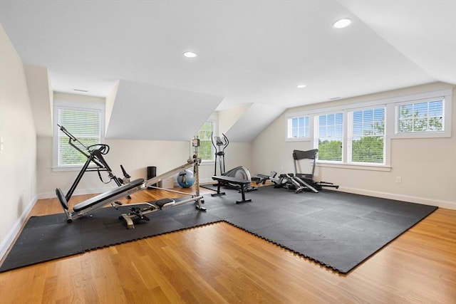81 Hanover Rd, Carlisle, MA 01741 - workout area featuring plenty of natural light, baseboards, wood finished floors, recessed lighting, and vaulted ceiling