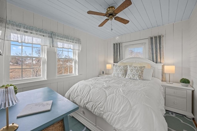 bedroom featuring ceiling fan, wooden walls, and wooden ceiling