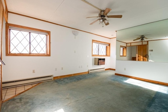 interior space with a baseboard radiator, baseboards, crown molding, and an AC wall unit