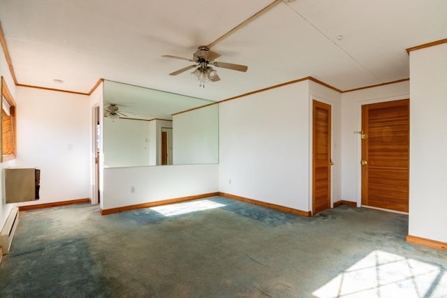 carpeted empty room with crown molding, ceiling fan, a baseboard heating unit, and baseboards