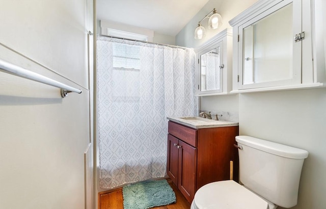 bathroom featuring vanity, a shower with shower curtain, and toilet