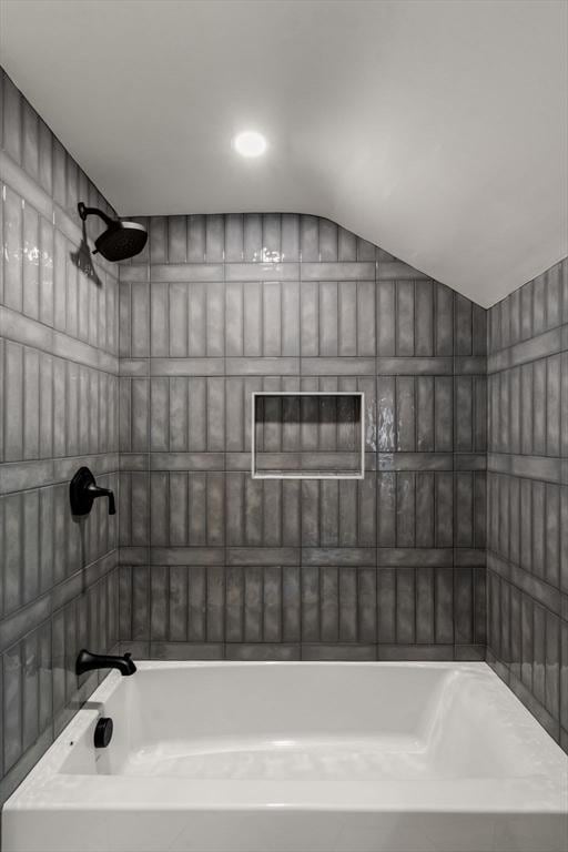 443 Great Plain Ave, Needham, MA 02492 - bathroom with shower / washtub combination and vaulted ceiling