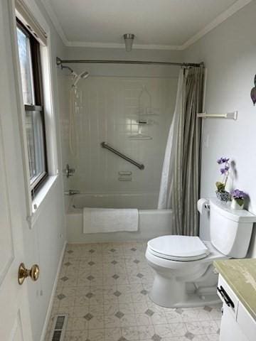 56 Granby Hts Unit 56, Granby, MA 01033 - bathroom with vanity, shower / bath combination with curtain, toilet, crown molding, and tile patterned floors