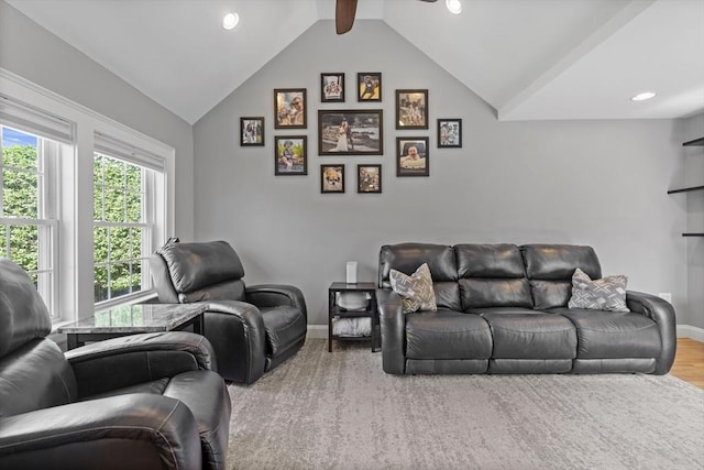 12 Willow St, Wakefield, MA 01880 - living area featuring a ceiling fan, recessed lighting, lofted ceiling, and wood finished floors