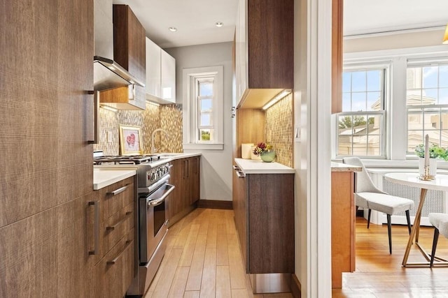 3 Arlington St Unit 31, Cambridge, MA 02140 - kitchen featuring high end stove, healthy amount of natural light, light countertops, and light wood-style floors