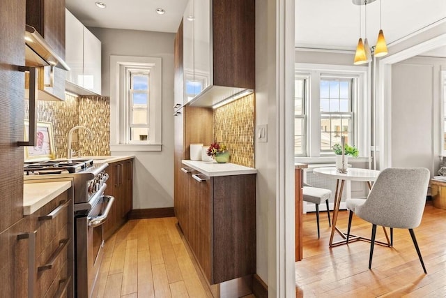 3 Arlington St Unit 31, Cambridge, MA 02140 - kitchen with high end stainless steel range, modern cabinets, light countertops, light wood-type flooring, and recessed lighting