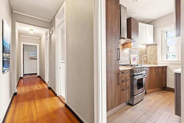 3 Arlington St Unit 31, Cambridge, MA 02140 - corridor with light wood finished floors, ornamental molding, a sink, and baseboards
