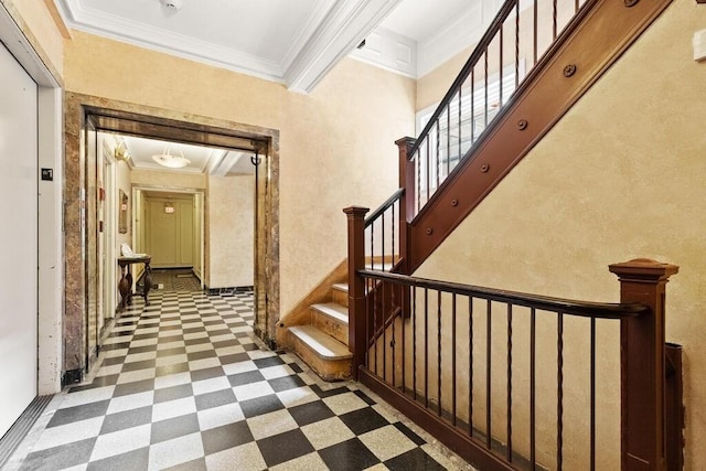 3 Arlington St Unit 31, Cambridge, MA 02140 - stairs with tile patterned floors and crown molding