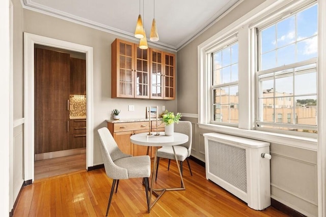 3 Arlington St Unit 31, Cambridge, MA 02140 - dining area featuring radiator heating unit, crown molding, light wood-style flooring, and baseboards