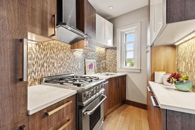 3 Arlington St Unit 31, Cambridge, MA 02140 - kitchen featuring high end stove, a sink, light wood-style floors, decorative backsplash, and modern cabinets