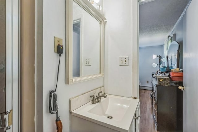 163 Lockland Ave, Framingham, MA 01701 - bathroom featuring vanity, wood finished floors, a baseboard radiator, and a textured ceiling