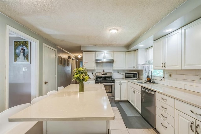 163 Lockland Ave, Framingham, MA 01701 - kitchen with stainless steel appliances, a textured ceiling, a sink, under cabinet range hood, and white cabinetry