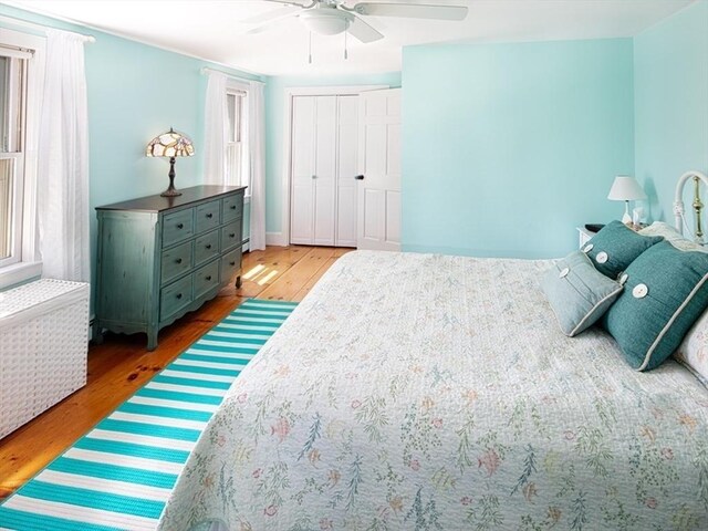 bedroom featuring radiator, ceiling fan, a closet, and hardwood / wood-style flooring