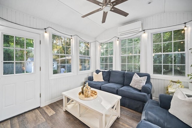 12 Wilson St, Randolph, MA 02368 - sunroom / solarium featuring a wall mounted air conditioner, vaulted ceiling, wood finished floors, wood walls, and a wooden deck
