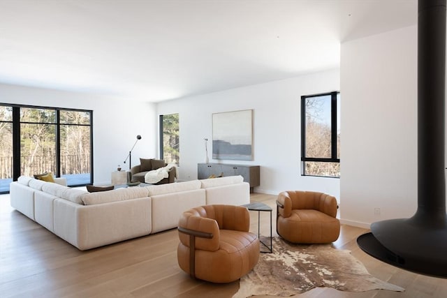 living room with wood finished floors, a wood stove, and baseboards