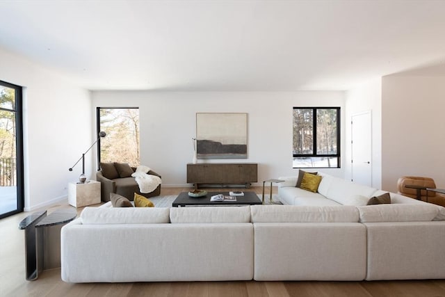 living area with a healthy amount of sunlight, baseboards, and wood finished floors