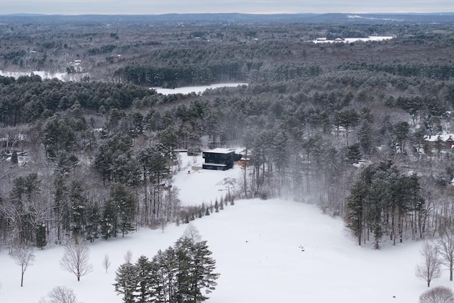 snowy aerial view with a view of trees