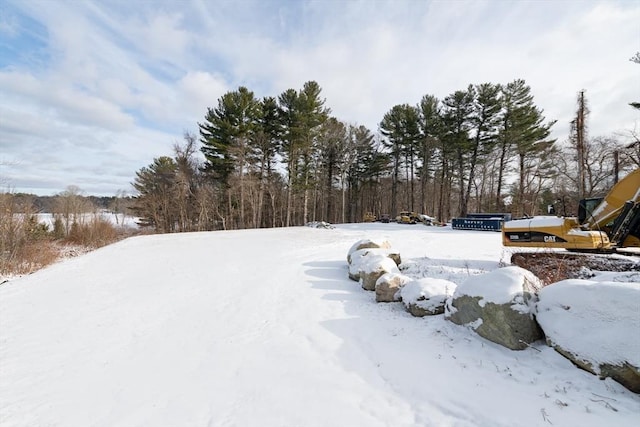 snowy yard featuring a garage