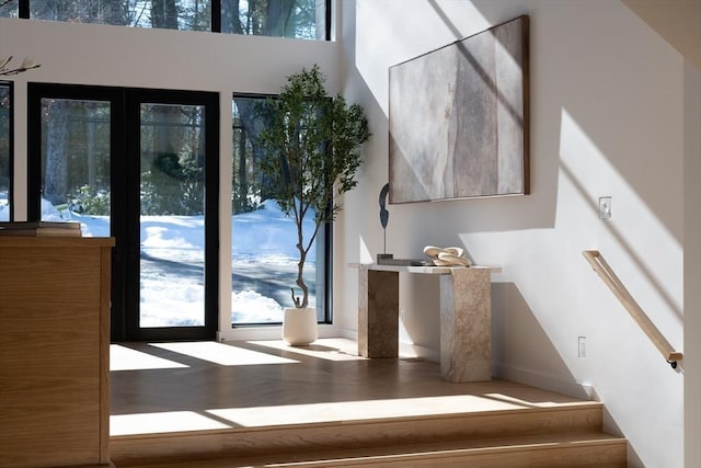 doorway with plenty of natural light, a high ceiling, stairway, and wood finished floors