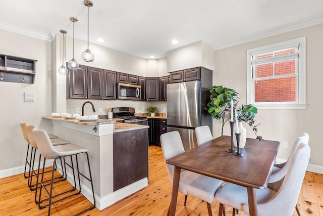 kitchen with light wood-style flooring, dark brown cabinetry, stainless steel appliances, a peninsula, and ornamental molding