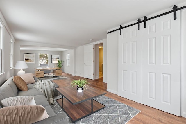 living room with wood-type flooring and a barn door