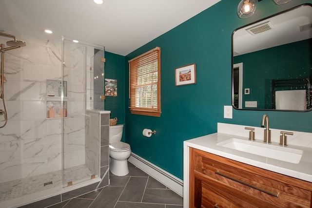 bathroom featuring a marble finish shower, toilet, vanity, baseboards, and recessed lighting