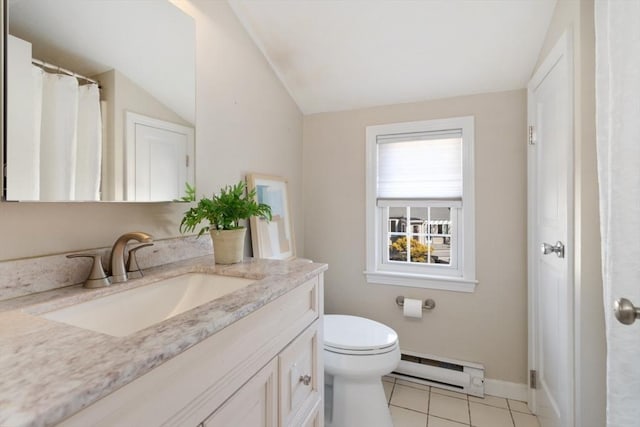 bathroom featuring vanity, a baseboard radiator, vaulted ceiling, tile patterned floors, and toilet