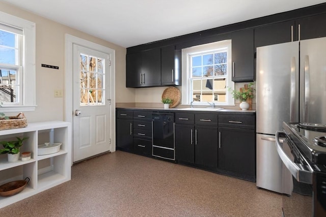 kitchen featuring a sink, dark cabinetry, and stainless steel appliances