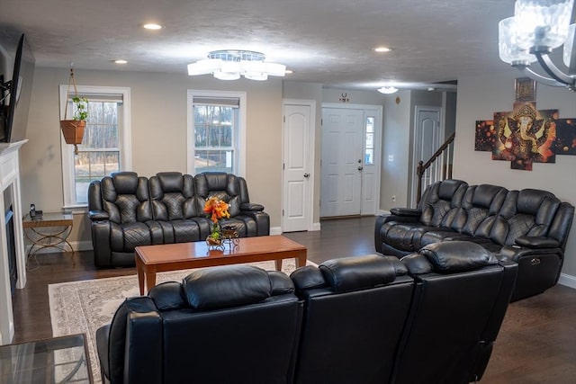 84 Murray Cir, Stoughton, MA 02072 - living area featuring a chandelier, dark wood-style flooring, plenty of natural light, and recessed lighting
