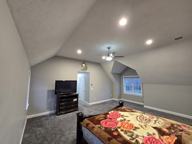 84 Murray Cir, Stoughton, MA 02072 - bedroom featuring vaulted ceiling, baseboards, recessed lighting, ceiling fan, and dark colored carpet