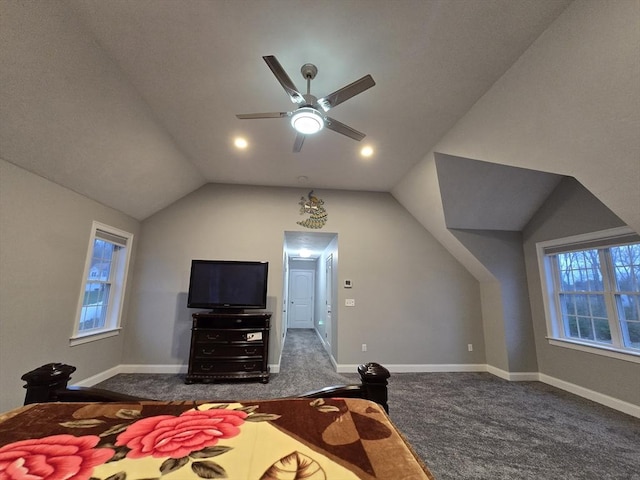 84 Murray Cir, Stoughton, MA 02072 - carpeted bedroom featuring lofted ceiling, baseboards, and ceiling fan