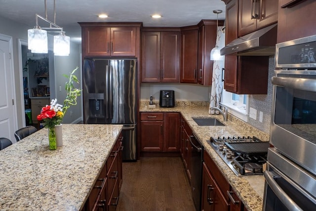 84 Murray Cir, Stoughton, MA 02072 - kitchen with black appliances, a sink, under cabinet range hood, dark wood-style flooring, and light stone countertops