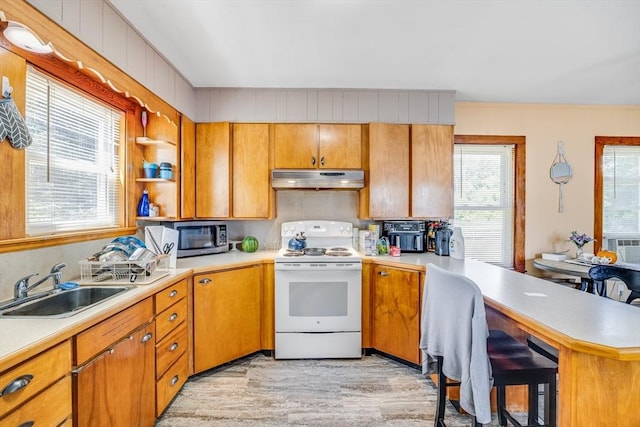 514 W Britannia St, Taunton, MA 02780 - kitchen featuring electric stove, under cabinet range hood, stainless steel microwave, light countertops, and a peninsula
