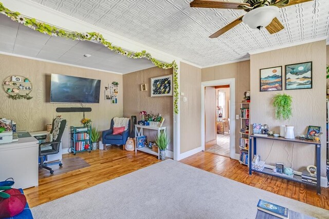 514 W Britannia St, Taunton, MA 02780 - office with crown molding, a ceiling fan, an ornate ceiling, wood finished floors, and wooden walls