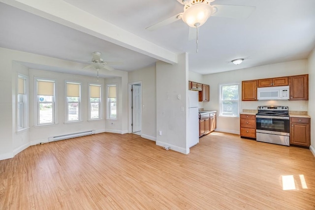 514 W Britannia St, Taunton, MA 02780 - kitchen with white appliances, baseboard heating, ceiling fan, light countertops, and light wood-style floors