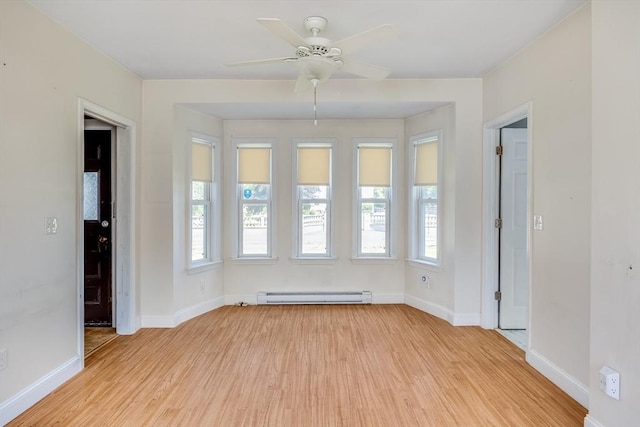 514 W Britannia St, Taunton, MA 02780 - empty room with a baseboard radiator, light wood-style flooring, plenty of natural light, and ceiling fan
