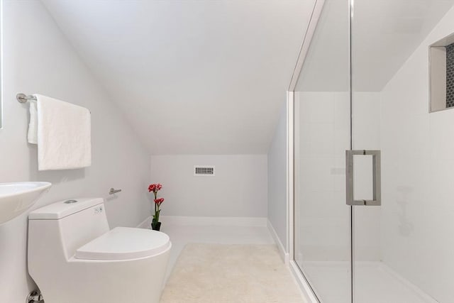 full bath featuring lofted ceiling, visible vents, a shower stall, and toilet