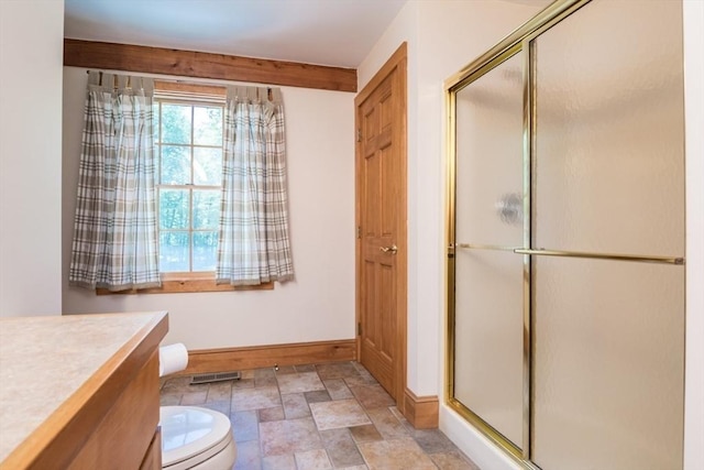 271 Rte 87, Columbia, CT 06237 - full bathroom with baseboards, toilet, a stall shower, stone finish flooring, and vanity