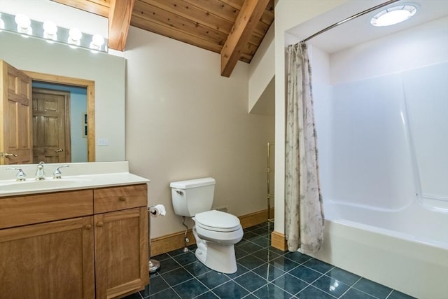 271 Rte 87, Columbia, CT 06237 - bathroom with toilet, vanity, shower / bath combo with shower curtain, tile patterned flooring, and wood ceiling with exposed beams