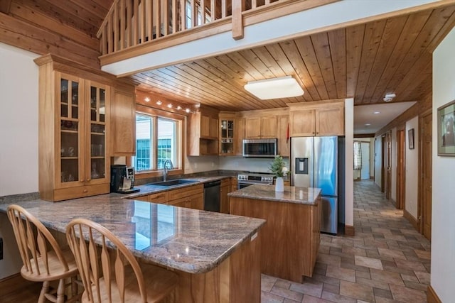 271 Rte 87, Columbia, CT 06237 - kitchen featuring appliances with stainless steel finishes, a sink, a center island, wood ceiling, and stone countertops