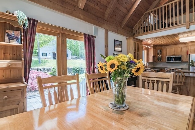 271 Rte 87, Columbia, CT 06237 - dining area featuring wooden ceiling with exposed beams and high vaulted ceiling