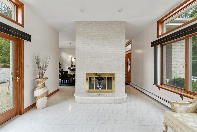 0 E Border Cir, Medford, MA 02155 - living room featuring a baseboard heating unit, marble look tiles, a fireplace, and baseboards