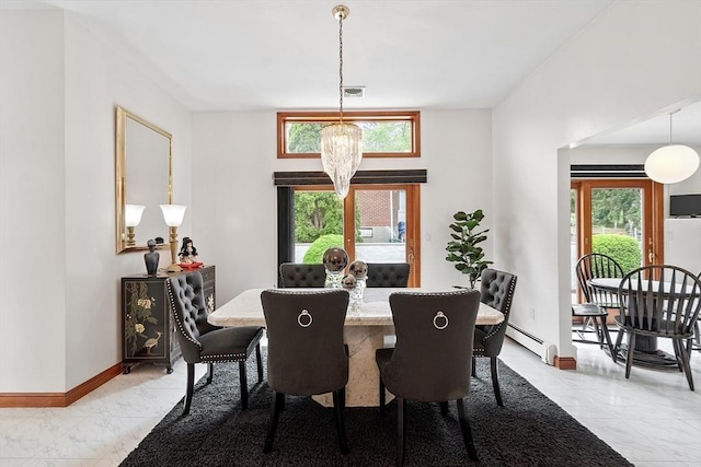 0 E Border Cir, Medford, MA 02155 - dining space with light marble finish flooring, a baseboard radiator, and baseboards