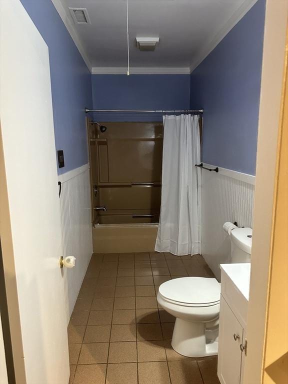 full bathroom with vanity, shower / bath combo, tile patterned flooring, toilet, and ornamental molding